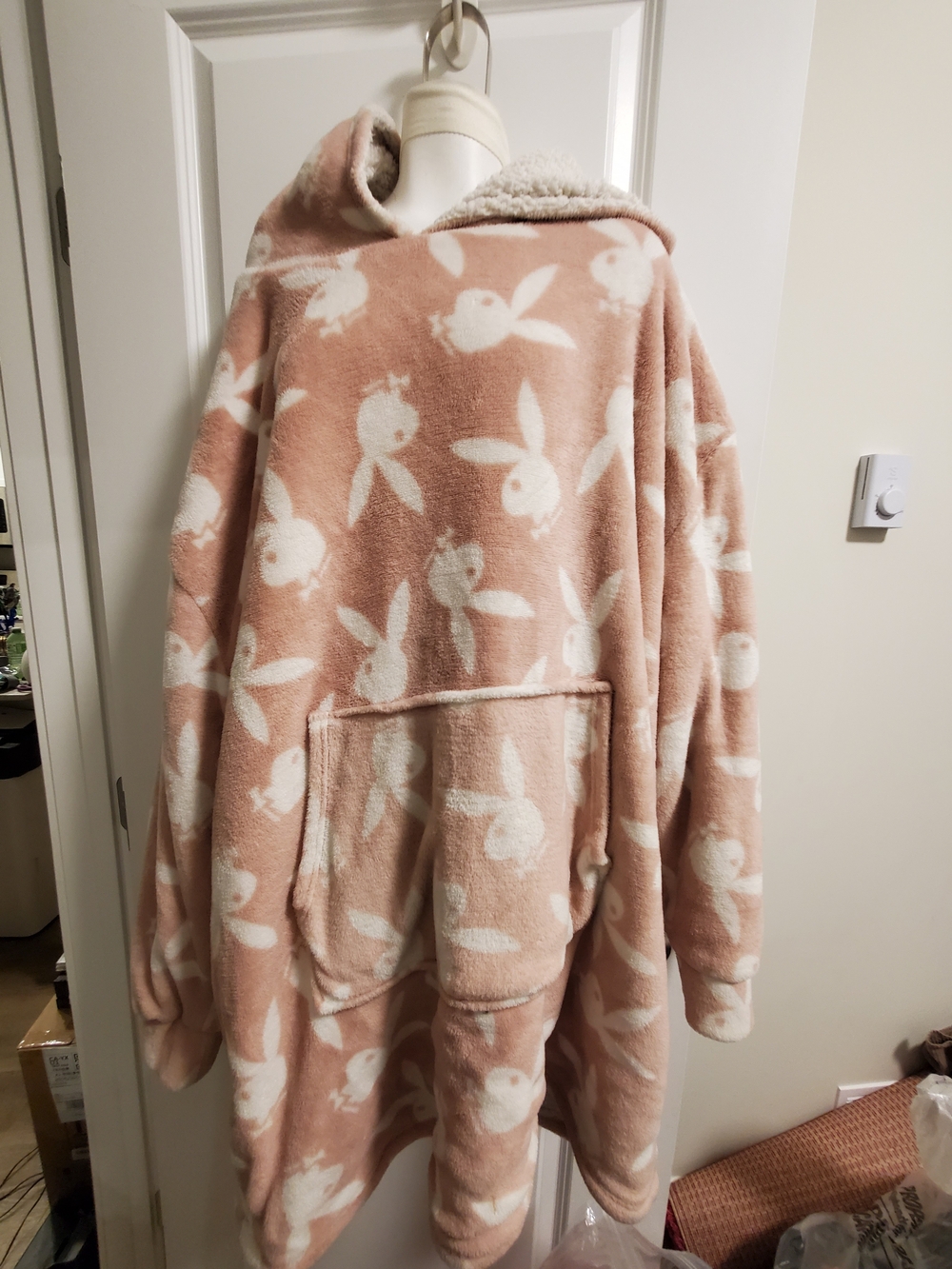 PLAYBOY Plush Hooded Robe in Blush with White Bunny Print